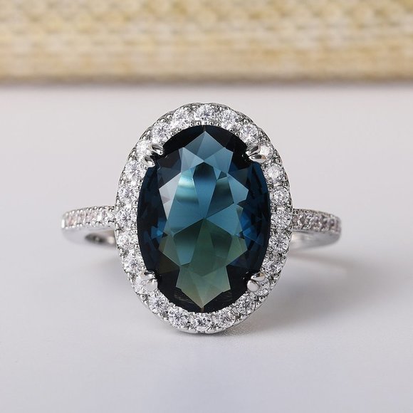 ▶Noble Hollow Anillos Super Large Oval Pure Royal Blue CZ Silver Ring L263
